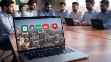Pakistani professionals collaborating in a modern office, working on laptops with a cityscape background on the screen displaying icons of Upwork, Fiverr, Daraz, and YouTube, symbolizing online earning opportunities in Pakistan in 2025, with the Pakistani flag in the background.
