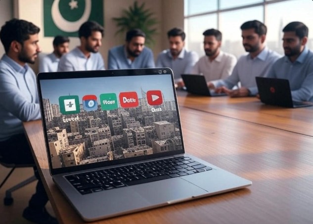 Pakistani professionals collaborating in a modern office, working on laptops with a cityscape background on the screen displaying icons of Upwork, Fiverr, Daraz, and YouTube, symbolizing online earning opportunities in Pakistan in 2025, with the Pakistani flag in the background.